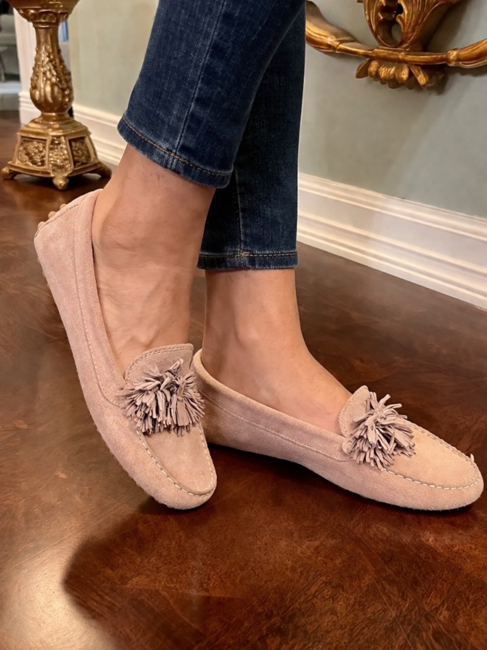 GUC M.Gemi Feliz Pom Pom Fringe Khaki Tan Suede Driving Loafers Flats Size 37 7